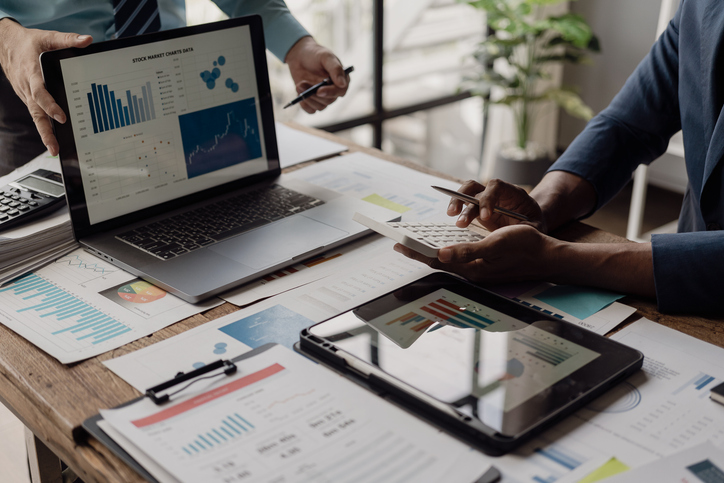 Businessmen brainstorm and work together on finance and marketing of new business, company meeting discuss planning Working in an organization and analysis of business strategies, close-up images